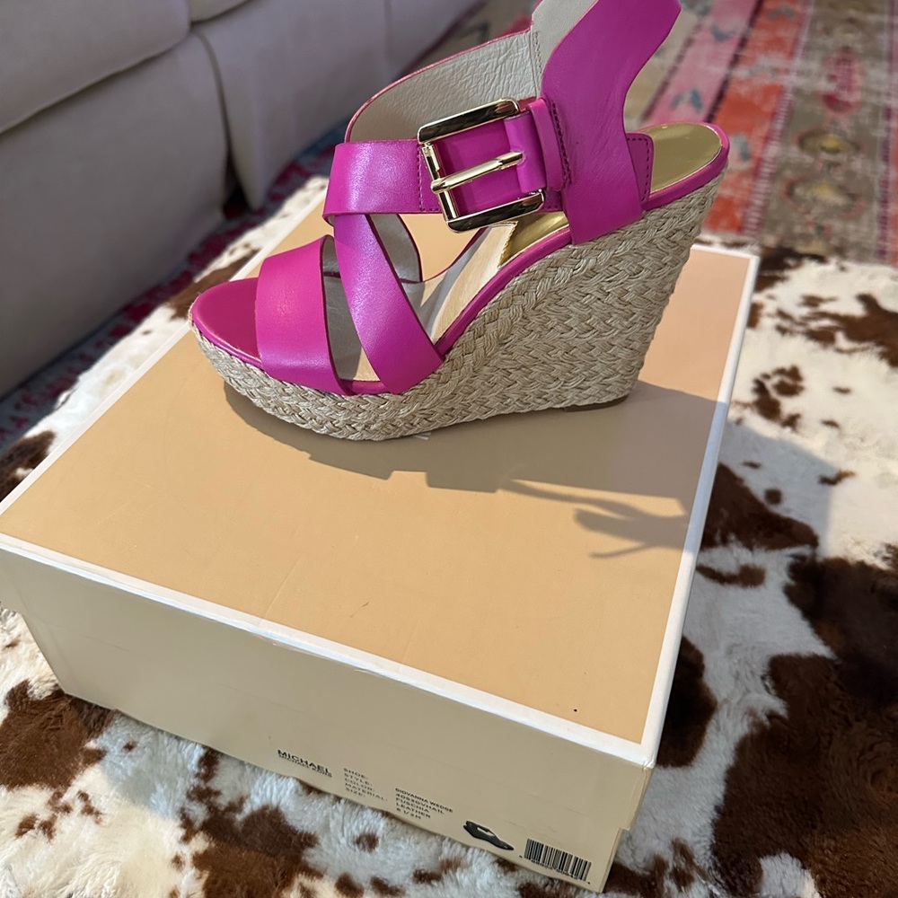 Michael Kors Pink Leather Espadrille Wedge Sandals - Picture 2 of 4